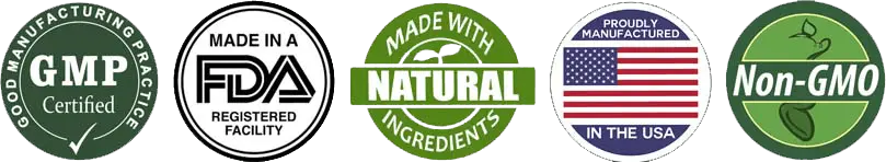 GMP, FDA-registered facility, natural, made in USA and non-GMO badges